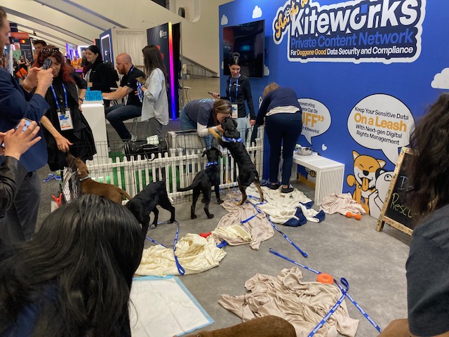 Indoor event with a dog rescue booth featuring playful dogs in a fenced area.