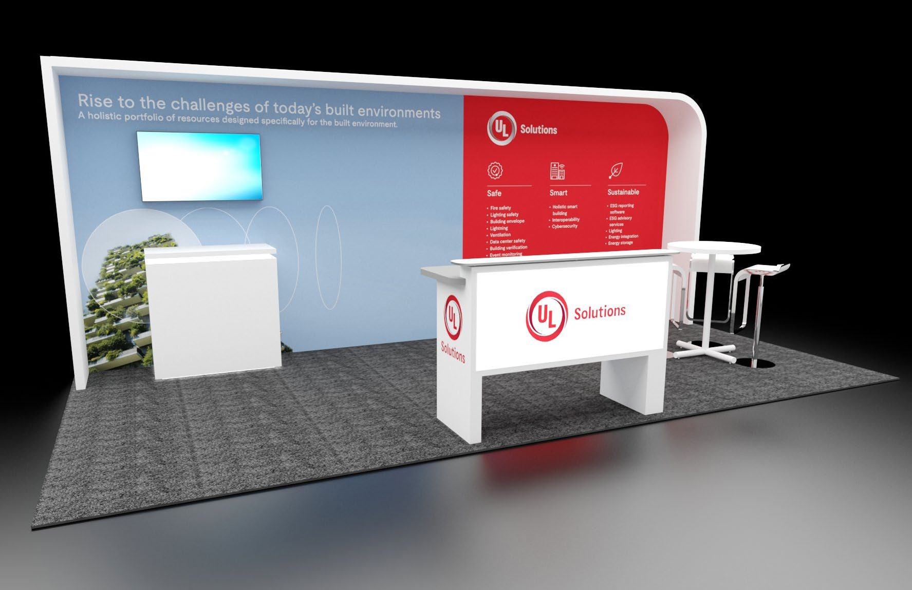 Exhibit booth featuring UL Solutions branding, red and blue panels, a screen, and a table with chairs